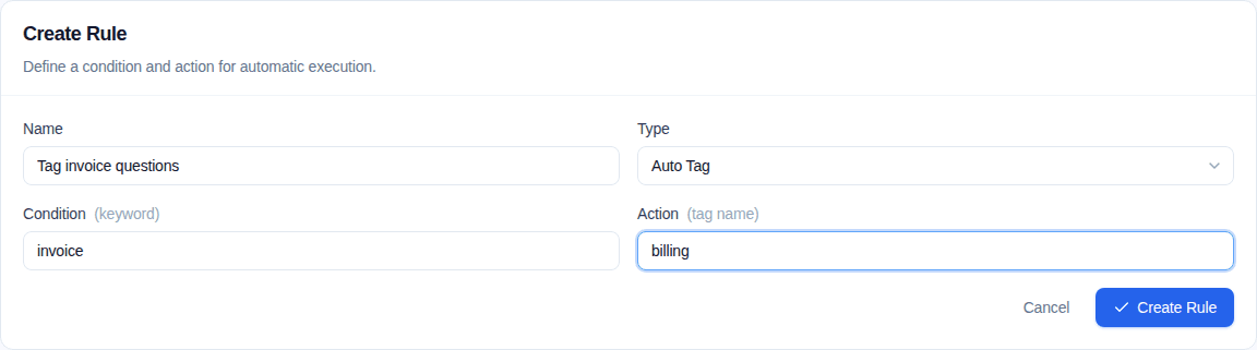 Filled automation rule that tags invoice conversations as billing