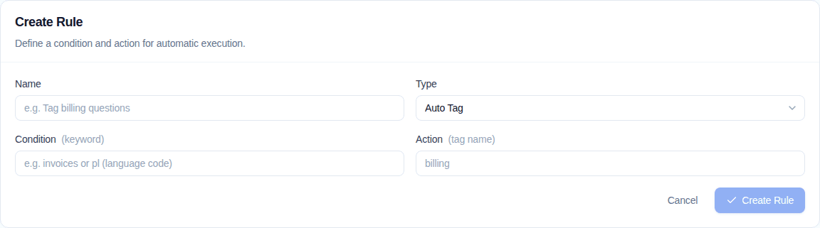 New automation rule form with type, condition, and action controls