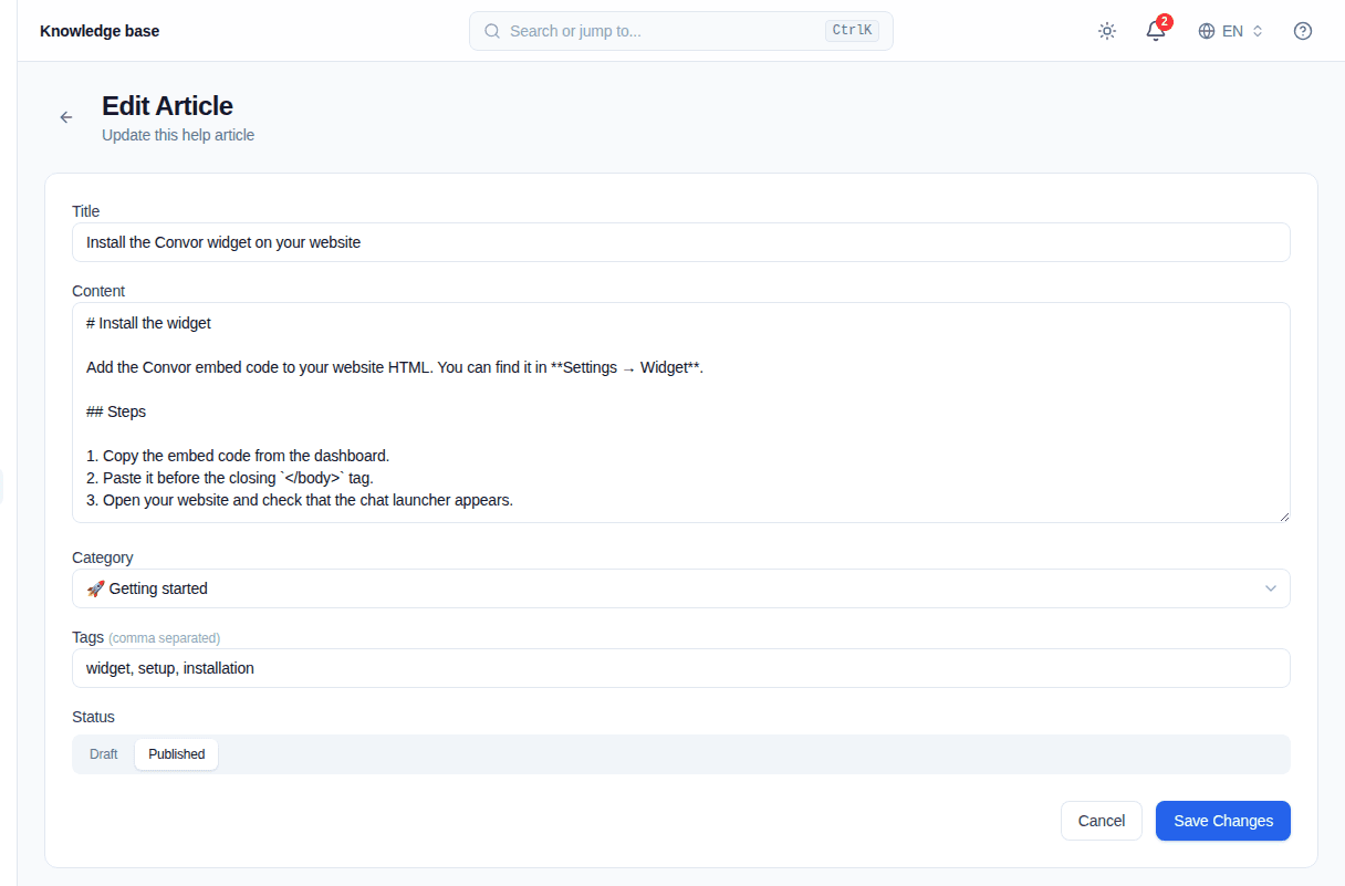 An existing Convor knowledge base article in edit mode