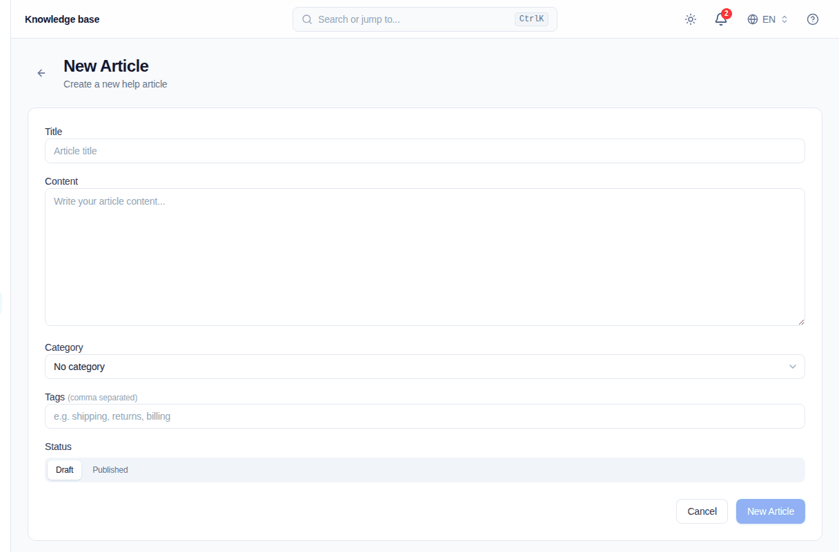 The New Article form in the Convor knowledge base
