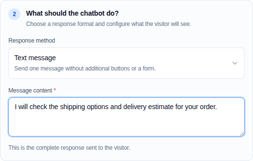 Filled chatbot response step with the visitor-facing message