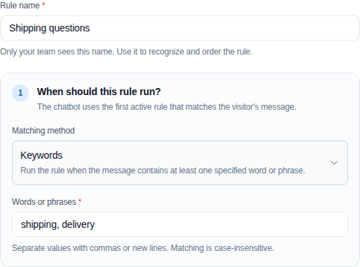 Two-step chatbot rule editor with a filled keyword condition
