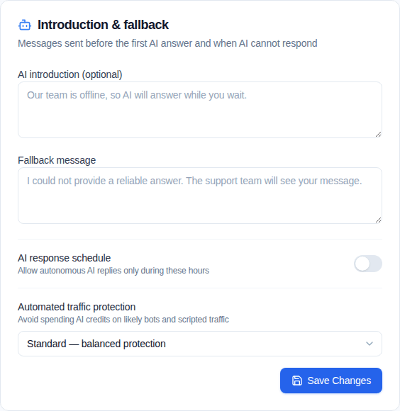 Convor AI Chatbot settings with introduction, fallback, schedule, traffic protection, and enable controls