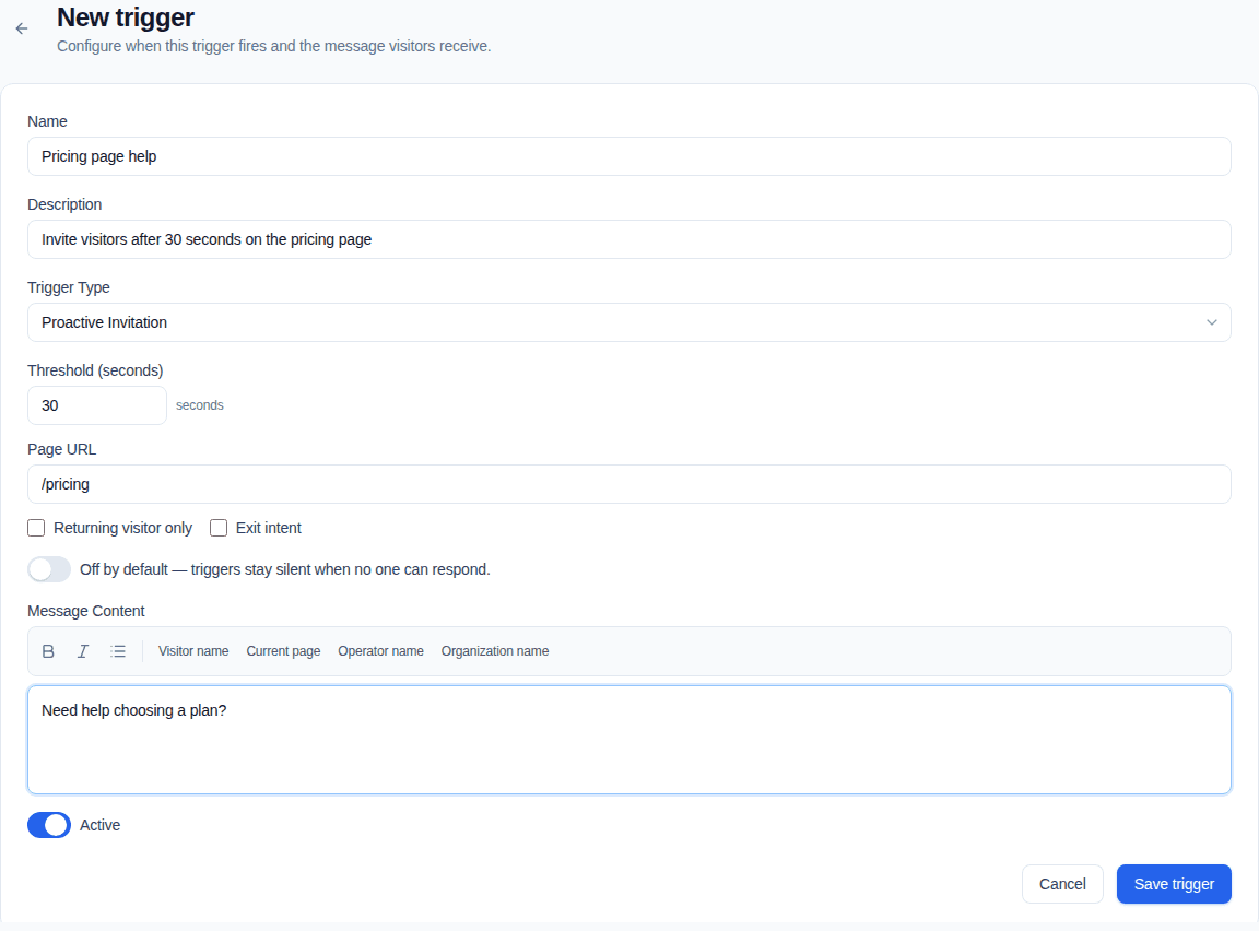 Filled proactive invitation for visitors on the pricing page