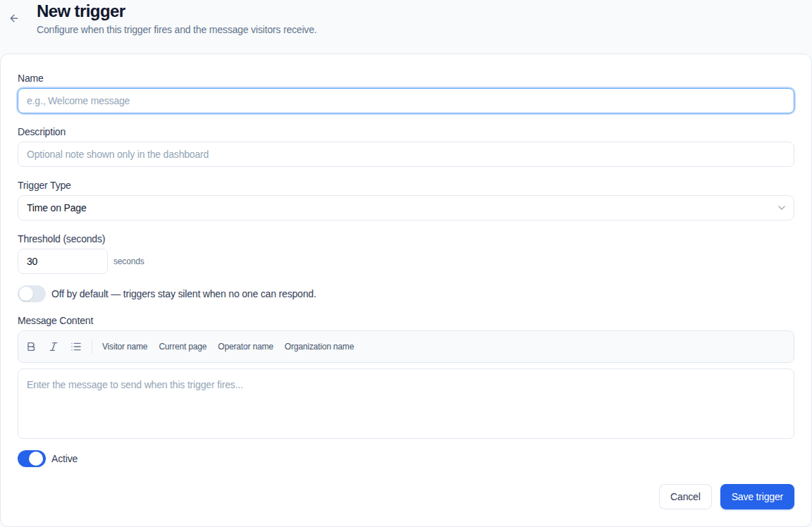 New trigger form with type, conditions, offline behavior, and message controls