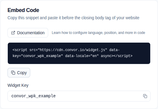 The Convor Widget settings page with generated embed code and widget key