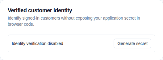 Verified customer identity settings with verification disabled and a Generate secret action