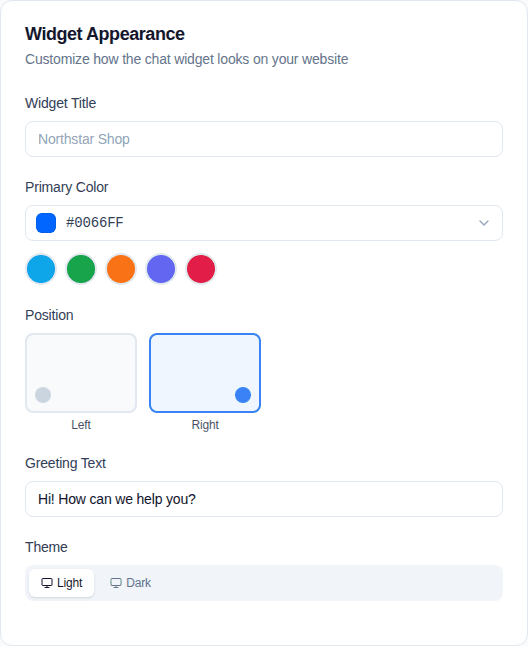 Convor Widget Appearance settings with color, position, greeting, and theme controls