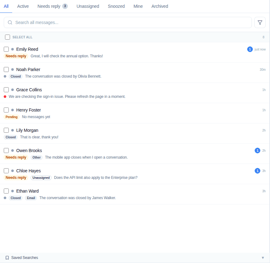 The Conversations inbox with seeded visitor conversations