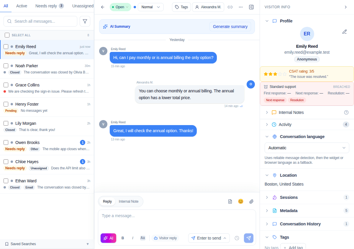 Convor Conversations inbox with queue tabs and visitor messages