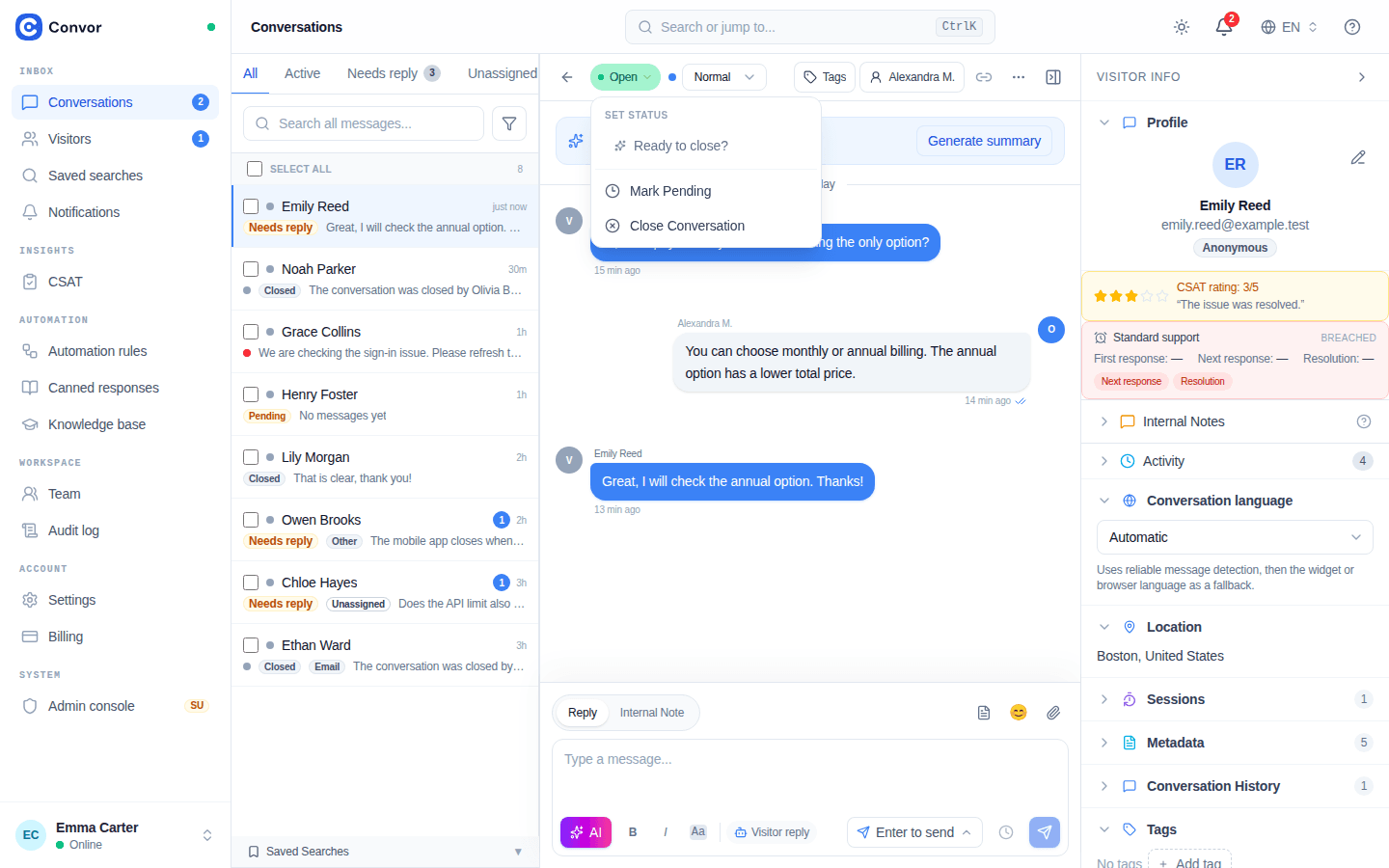 The conversation status menu with close-readiness, pending, and close actions