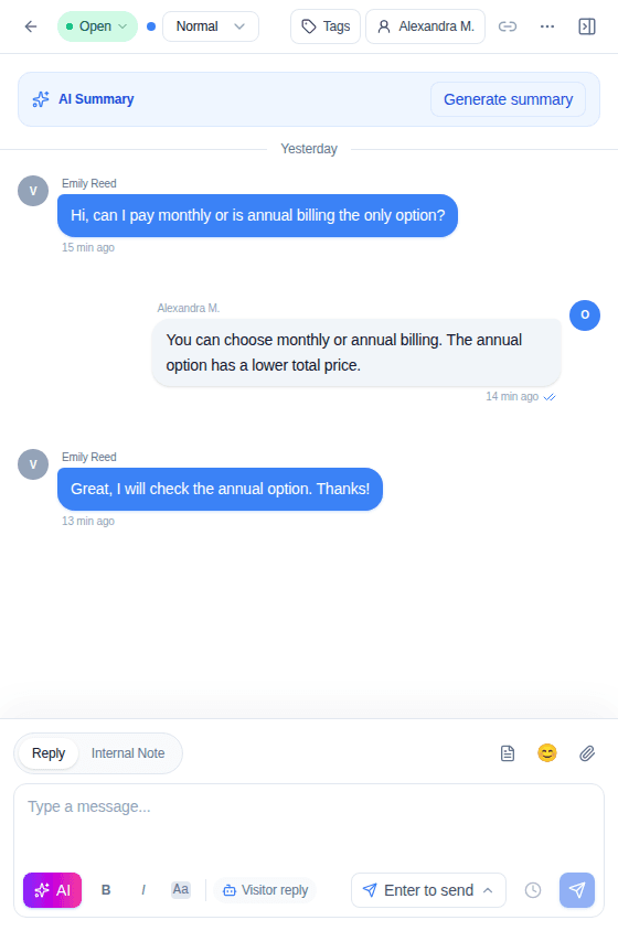 An open Convor conversation with the reply composer and visitor context