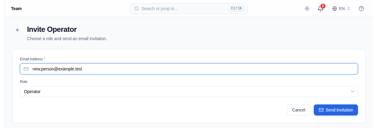 Invite Operator page with a fictional work email and role selector