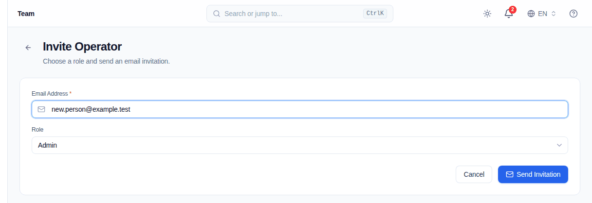 Invite Operator page with the Admin role selected