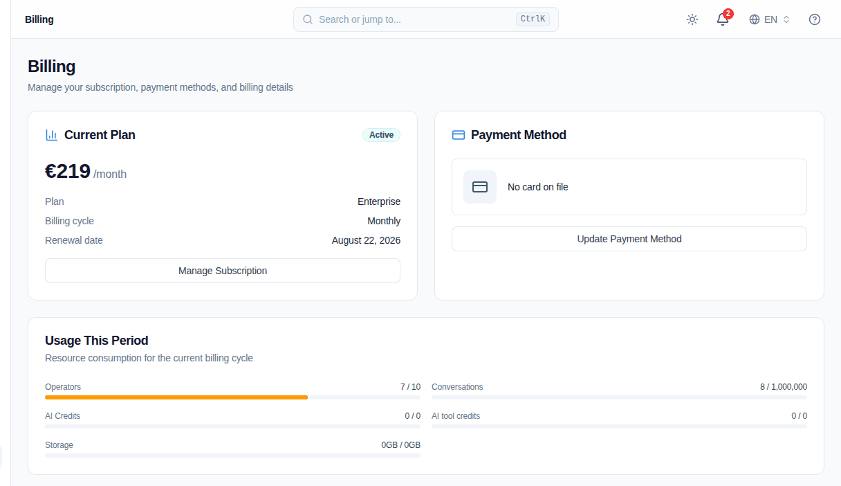 Convor Billing page with the current Enterprise plan and usage cards
