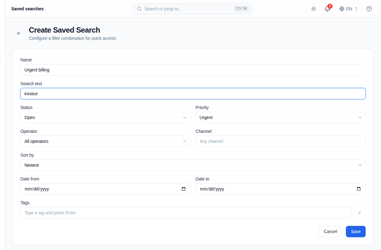 Filled Saved Search form for urgent open invoice conversations