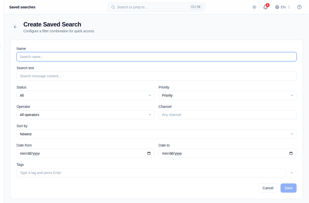 New Saved Search form with conversation filter controls