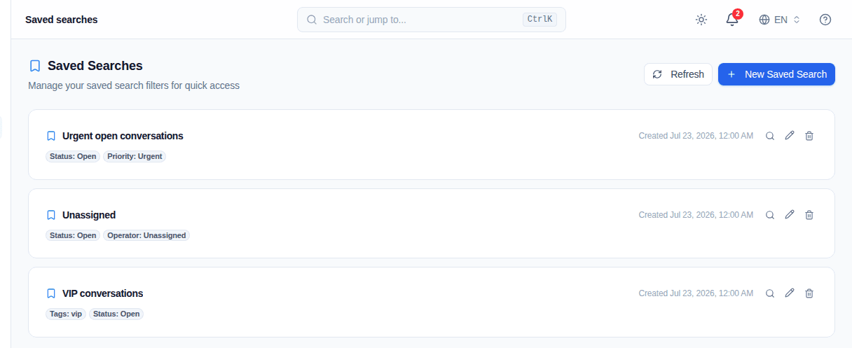 Convor Saved Searches page with reusable conversation filters