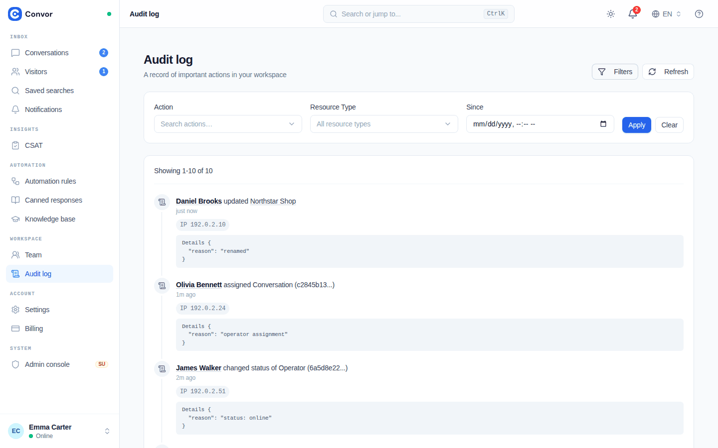Convor Audit log with action, resource type, and date filters open