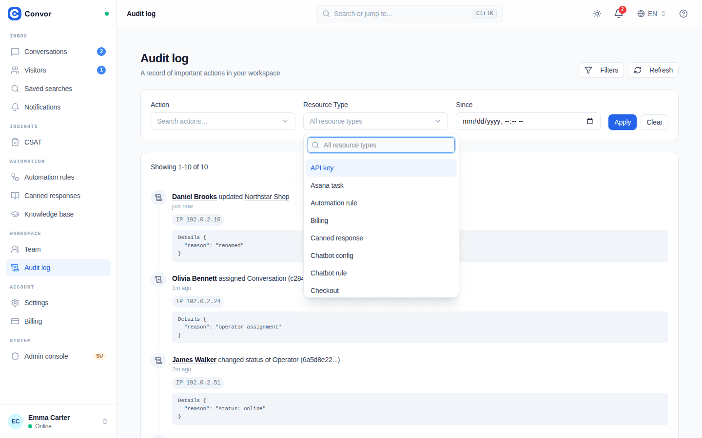 Convor Audit log resource type menu opened for a focused investigation