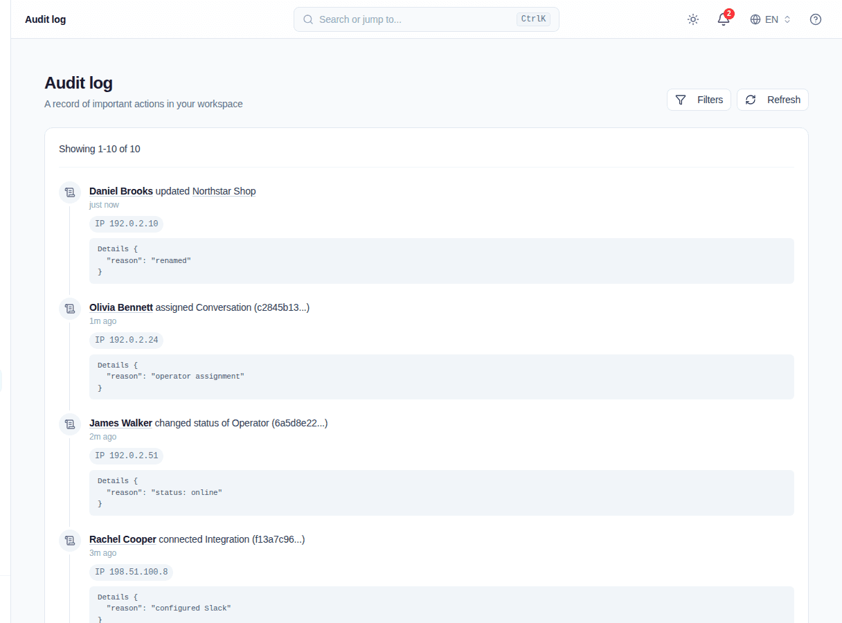 Convor Audit log timeline with workspace actions and timestamps