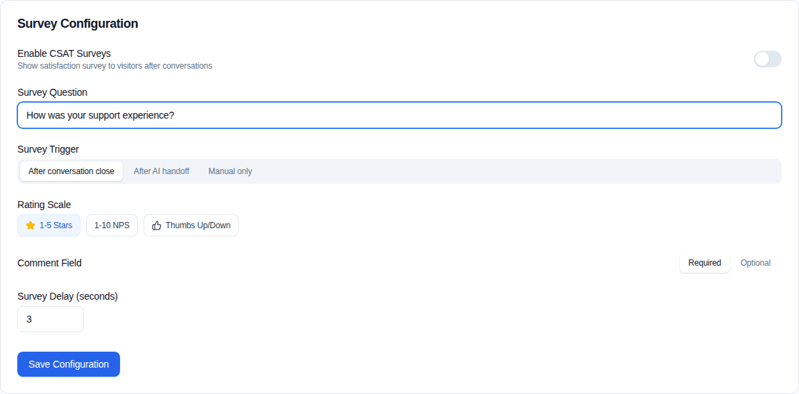 Convor Survey Configuration with trigger, rating scale, and comment settings
