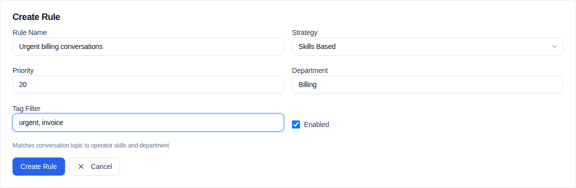 Convor Create Rule form with strategy, department, and tag filter