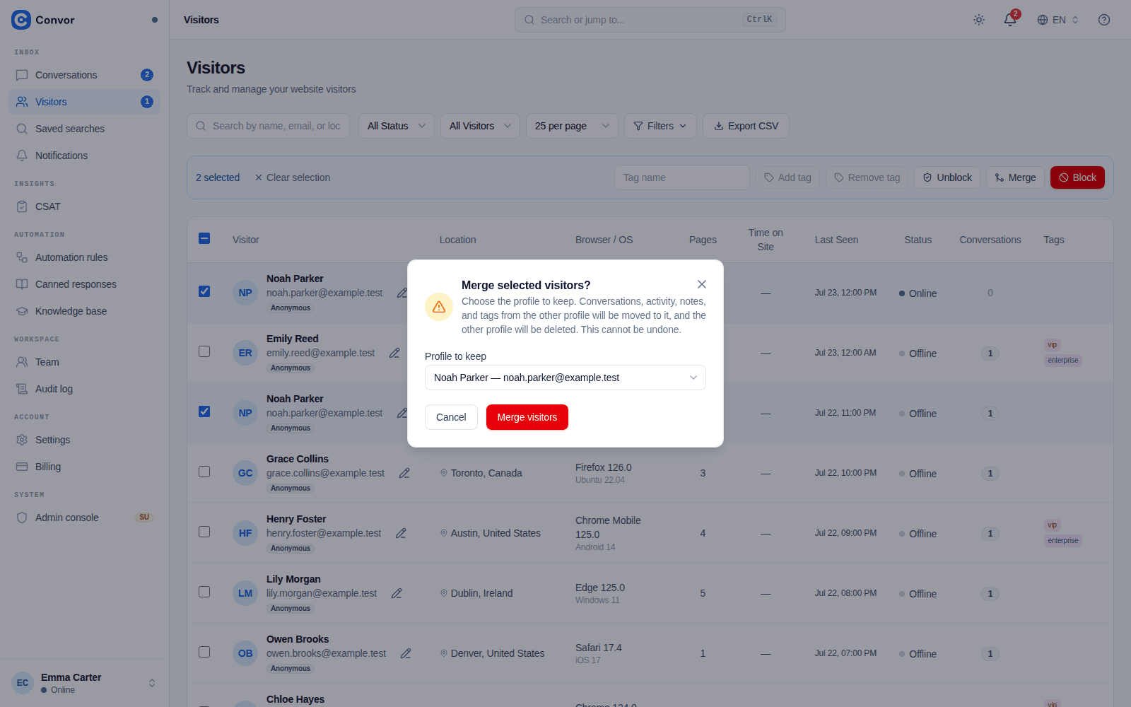 Visitor merge dialog for choosing the profile that will remain