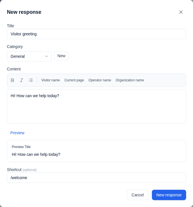 Convor New response editor with category, content, and shortcut fields