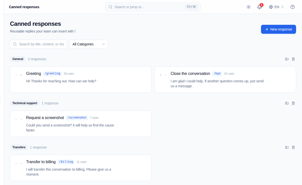 Convor Canned responses library grouped into support categories