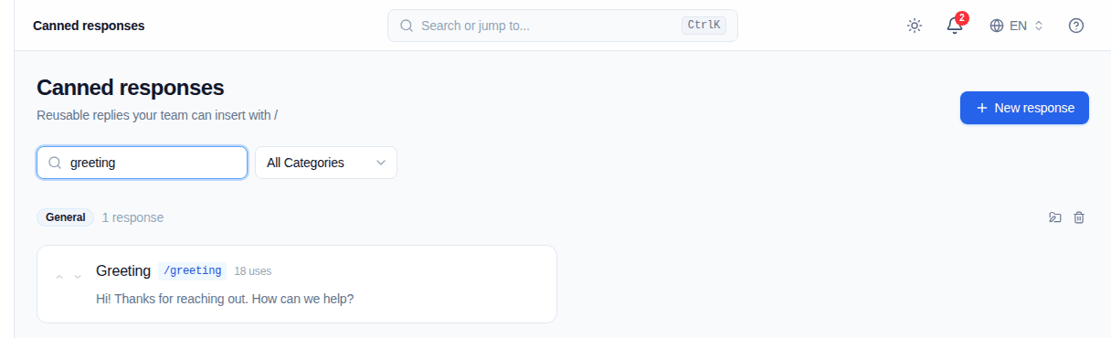 Convor Canned responses filtered with the search field
