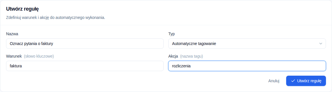Wypełniona reguła dodająca tag rozliczenia do rozmów o fakturach