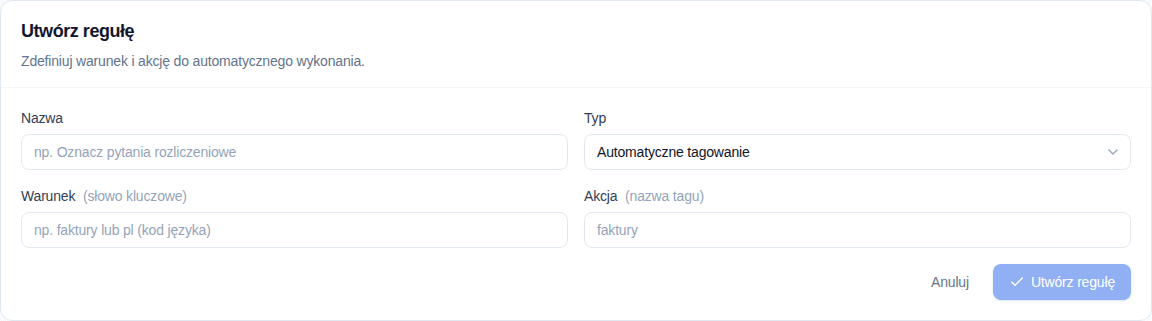 Formularz nowej reguły automatyzacji z typem, warunkiem i działaniem