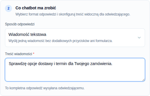 Uzupełniony krok odpowiedzi chatbota z wiadomością dla odwiedzającego