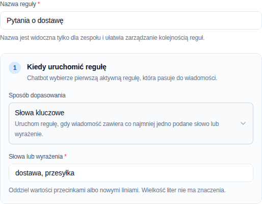 Dwukrokowy edytor reguły chatbota z uzupełnionym warunkiem słów kluczowych