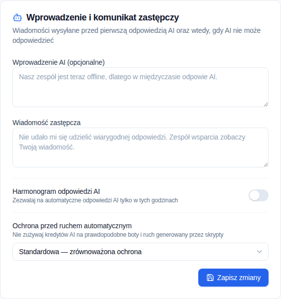 Ustawienia chatbota AI Convor z wprowadzeniem, odpowiedzią awaryjną, harmonogramem, ochroną ruchu i przełącznikiem