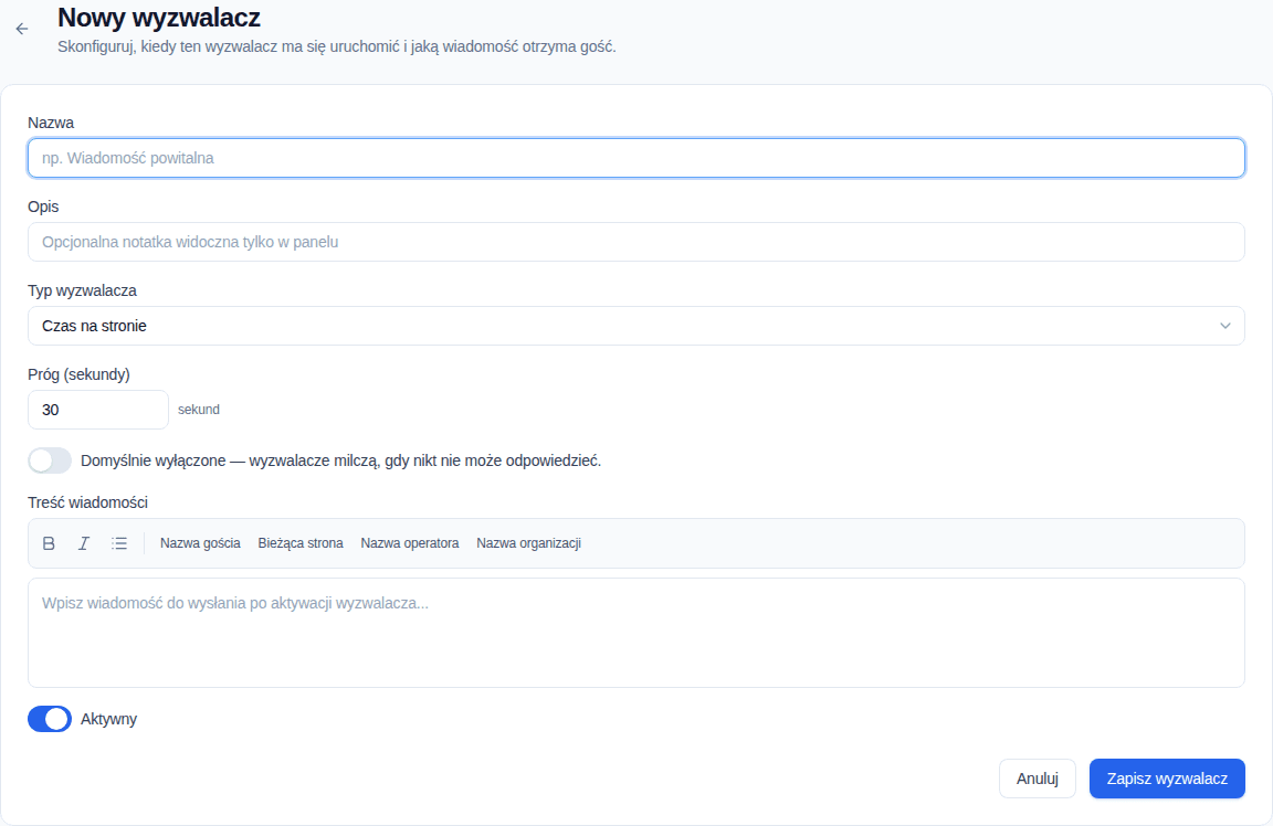 Formularz nowego wyzwalacza z typem, warunkami, zachowaniem offline i wiadomością