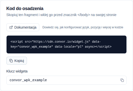Strona ustawień widgetu Convor z wygenerowanym kodem osadzania i kluczem widgetu
