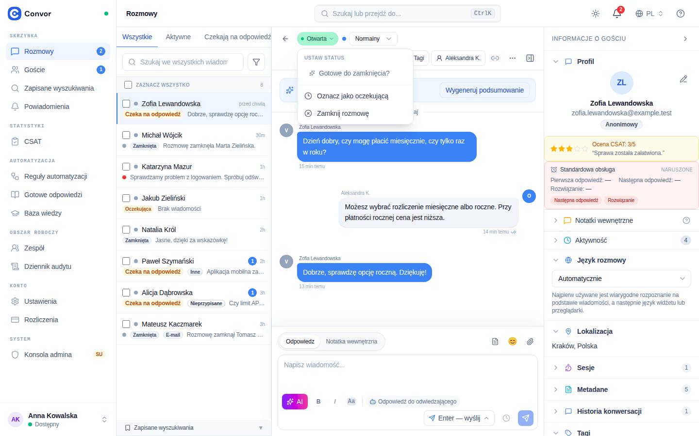 Menu statusu rozmowy z oceną gotowości, oznaczeniem jako oczekująca i zamknięciem