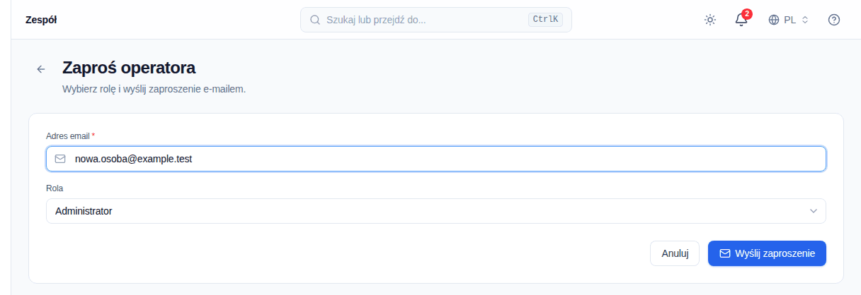 Strona Zaproś operatora z wybraną rolą Administrator