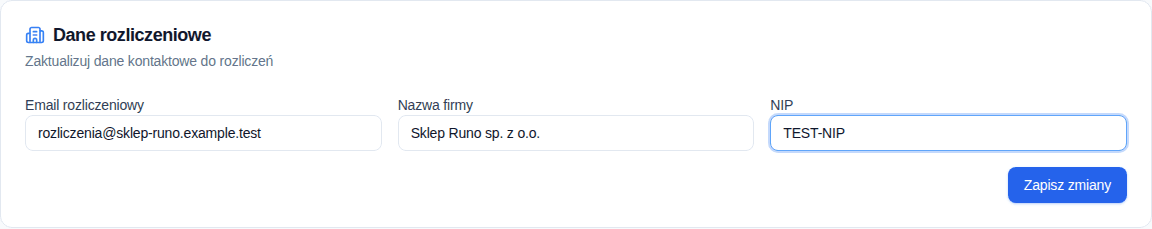 Formularz danych rozliczeniowych Convor z adresem e-mail, nazwą firmy i numerem NIP