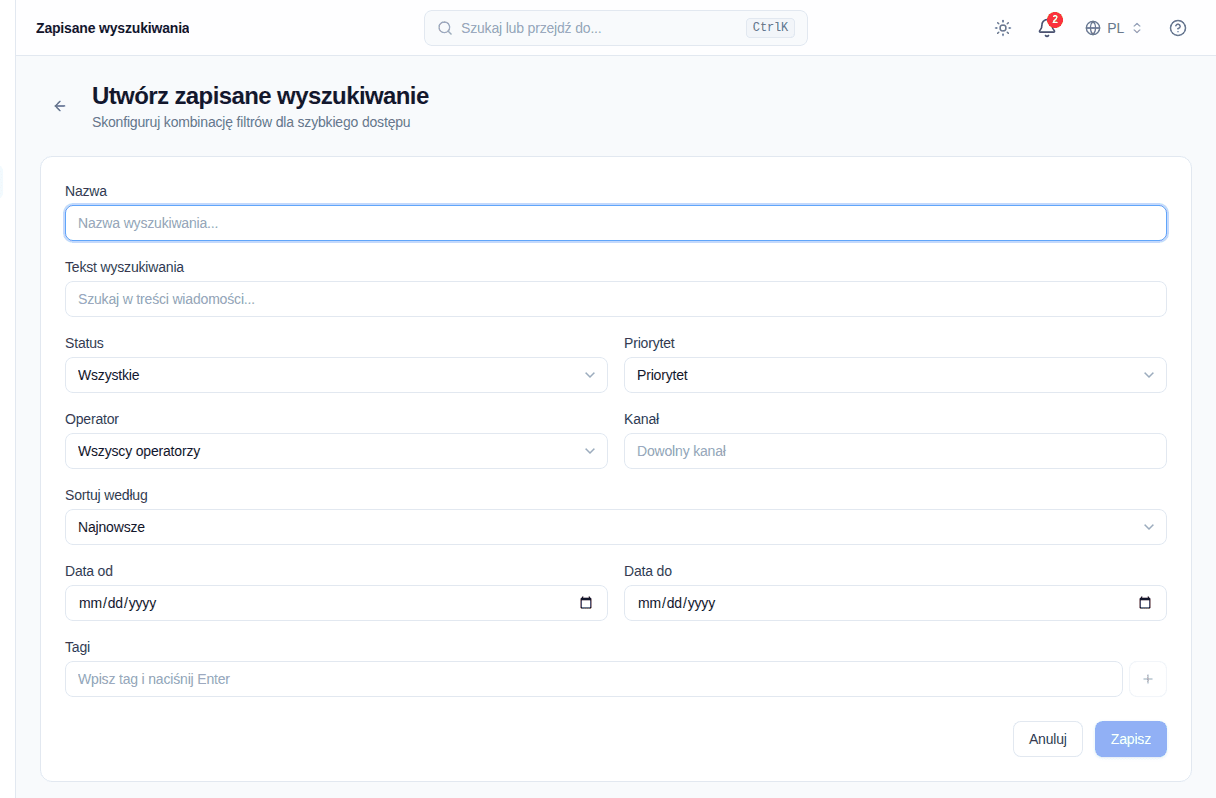 Formularz nowego zapisanego wyszukiwania z filtrami rozmów