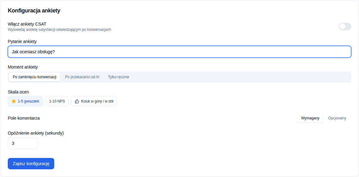 Konfiguracja ankiety Convor z wyzwalaczem, skalą ocen i ustawieniem komentarza