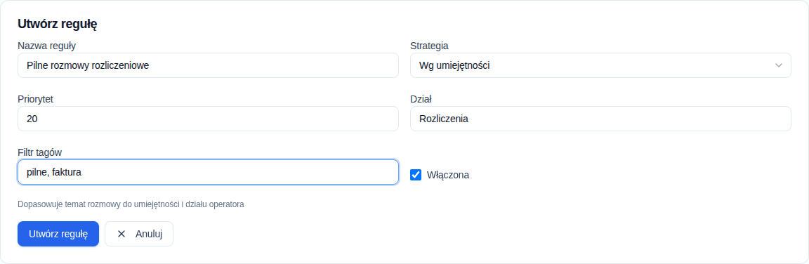 Formularz tworzenia reguły Convor ze strategią, działem i filtrem tagów