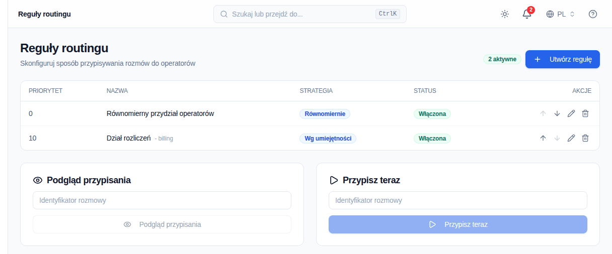 Tabela reguł routingu Convor ze strategią Równomiernie i strategią Wg umiejętności