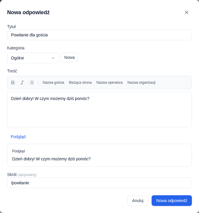 Edytor nowej gotowej odpowiedzi Convor z kategorią, treścią i polem skrótu