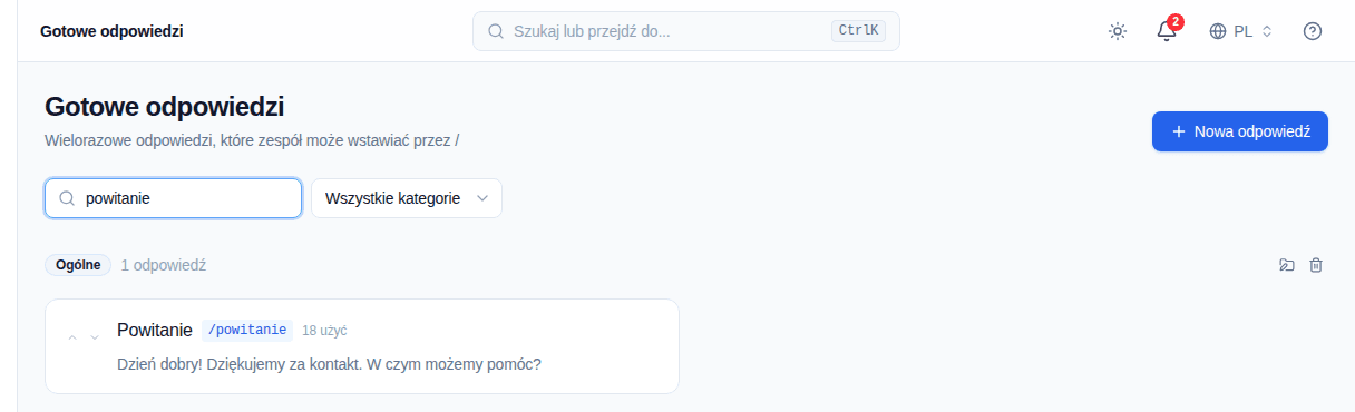 Biblioteka gotowych odpowiedzi Convor z wynikami wyszukiwania